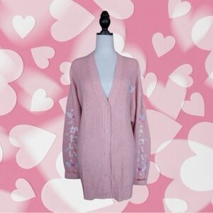 Hot Topic Pink & White Kawaii Wings Embroidered Long Sleeve Cardigan Size XL